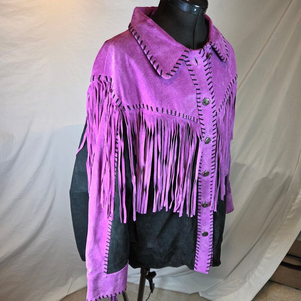 Bob Mackie Wearable Art 2X Leather Fringe Western Jacket Purple Black - Picture 2 of 16